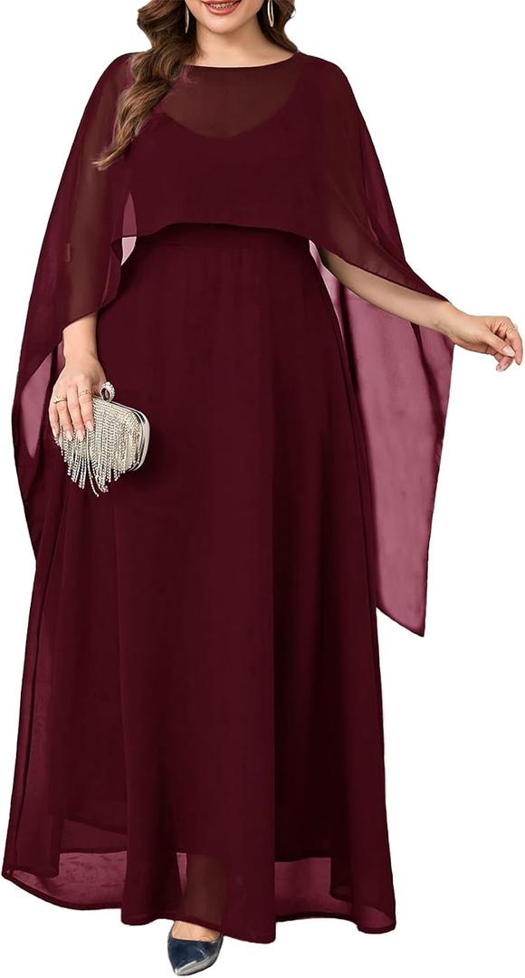 Plus Size Elegant Chiffon Dress Formal Long Cape Sleeve A Line Maxi Evening Gown Wedding Guest Cocktail Dresses (Red, XXXL)