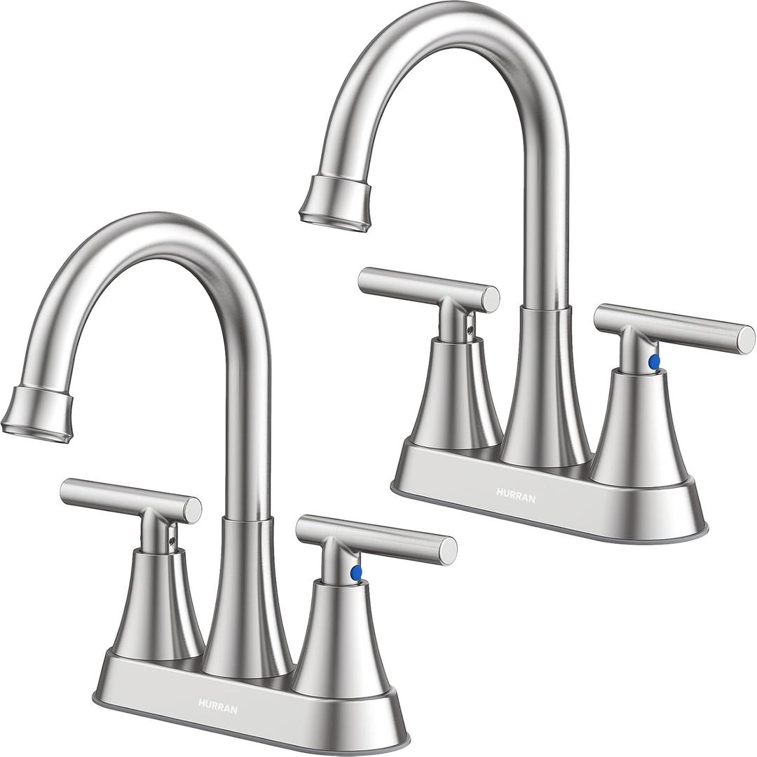 Bathroom Faucets for Sink 3 Hole, Hurran 4 inch Brushed Nickel Bathroom Sink Faucet with Pop-up Drain and Supply Hoses, Stainless Steel Lead-Free Centerset Faucet for Vanity RV, 2 Pack