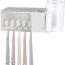 5 Slots Wall Mount Toothbrush Holder with Cover, Self Adhesive Toothbrush Storage Organizer for Shower, Toothpaste & Toothbrush Hanger for Bathroom, Medicine Cabinet, Dorm (White)