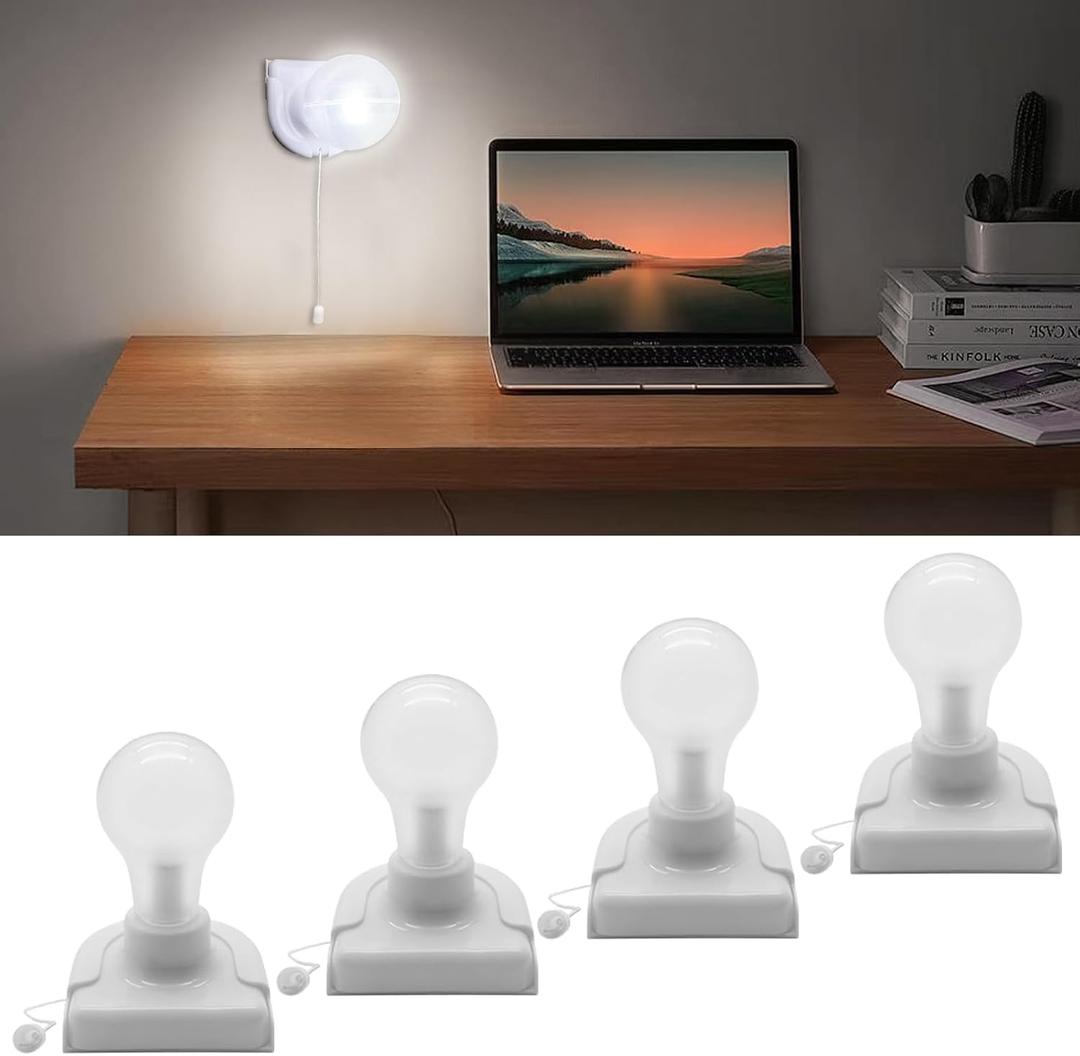 Battery Operated Light Bulb with Pull Chain, 4Pack Wireless Stick-Up LED Closet Light Bulb, Self Adhesive Wall Mounted Light Fixture for Cabinet Bedroom Living Room Kitchen, Clear Cover