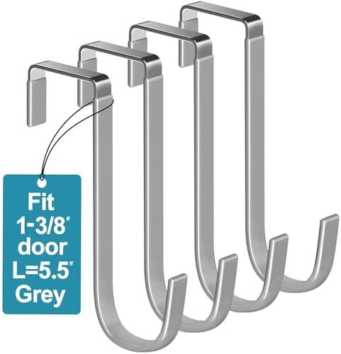 Mars-Rock Over The Door Metal Hooks with Plastic Coating 5.5" Fit 0.5" to 1 3/8" Door 4 Pcs Heavy Duty Single Towel Robe Rack Wreath Bathroom Shower Hanger Shoe Organizer Ironing Board Short Grey