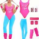 MIAIULIA Womens 80s Workout Costume Outfit 80s Accessories Set Leotard Neon Legging Headband Wristbands Set, L