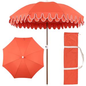 JONATHAN Y Horizon 6.5 ft. Beach Umbrella, Coastal Coral Red with Fringe, Boho UV 50+ Sun Shade with Scalloped Edge, Push-Button Tilt and Carry Bag, Dark Brown Wood Finish Pole UMB1004F, 78 inches diameter, 84 inches height