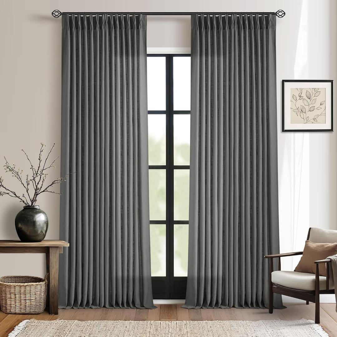 Dark Gray Linen Pinch Pleated Curtains 96 Inches Long for Living Room Pleated Drapes Back Tab Thick Linen Textured Modern Farmhouse Neutral Charcoal Slate Grey 96 Inch Curtain for Dining Bedroom (40"W x 96"L (Pack of 2))
