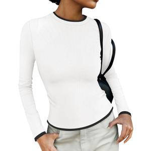 ZESICA Women's Long Sleeve Crewneck Shirts Spring Knit Slim Fitted Casual Basic Tee Sweater Tops (White, M)