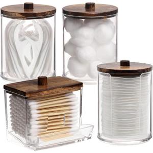 Tbestmax 4 Pack Qtip Holder Dispenser, 10/7oz Bathroom Container for Cotton Ball Cotton Swabs Pads, Apothecary Jar with Wood Lids for Organizer and Storage (Brown)