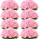Hotop 120 Pcs Roses Artificial Flowers in Bulk,Long Stem Artificial Flower Bouquet, Silk Real Touch Fake Rose for Wedding Party Table Centerpieces Decor Valentines Gifts(Pink)