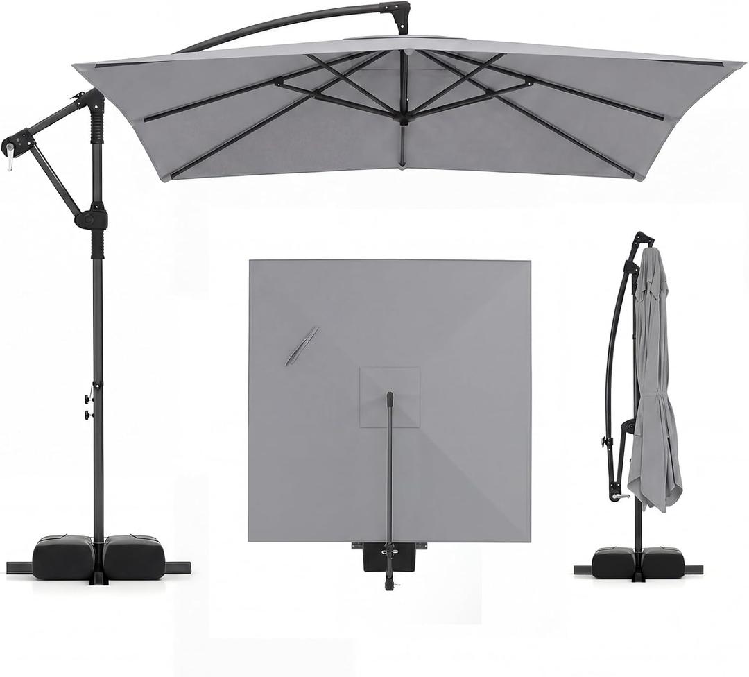 Angkula 8x8 FT Patio Umbrella with Base Included, Square Offset Cantilever Outdoor Umbrella with 360 Degree Rotation, Crank Handle, Sandbags, 8 Ribs for Pool Deck Garden Backyard