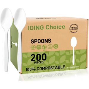 100% Compostable 200 Count No Plastic Spoons, Plastic Utensils, The Heavyweight Heavy Duty Flatware is Eco-Friendly Products for Lounge Party Wedding Office BBQ Picnic Camping.