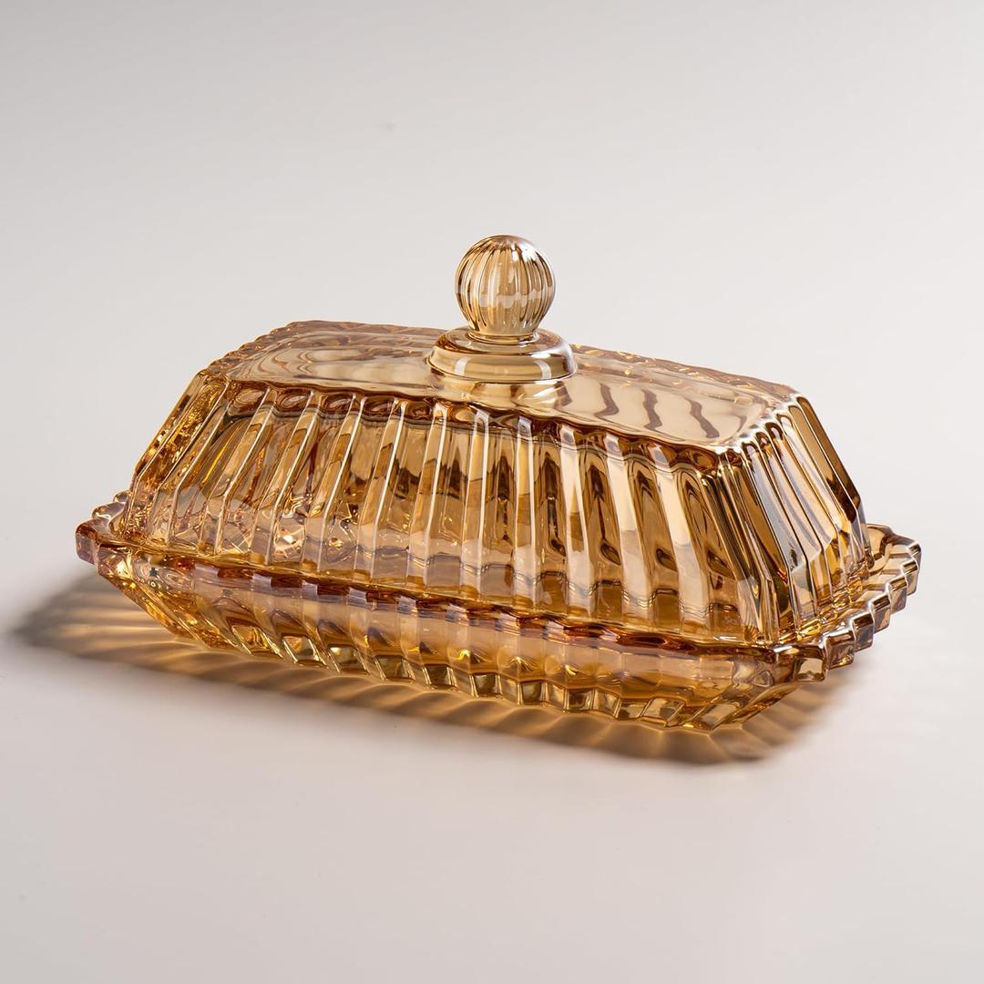 Champagne Color Glass Butter Dish with Lid, Covered Butter Stick Holder Tray, Crystal Glass Butter Storage Container for Fridge Kitchen Countertop