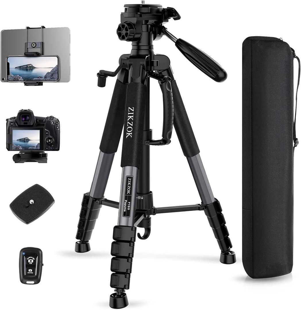 75" Camera Tripod, Heavy Duty Aluminum Camera Stand for ipad Phone, Travel Tripod with Remote/Carry Bag/Phone Tablet Holder, Compatible with DSLR, Spotting Scopes, Max Load 15 Lb (Grey)