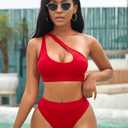 NAFLEAP One Shoulder Cutout Bikini Set for Women High Waisted Bottom Swimsuit Two Piece Bathing Suit (Red, XS)