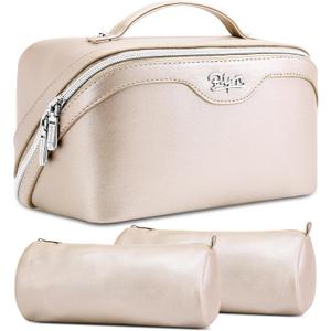 BOYATU Travel Makeup Bag Organizer Cosmetic Bag: 3 Pcs Set Make up Bags for Women with Handle - Waterproof Vegan Leather Toiletry Bags Travel Essentials Pouch with Compartments (C-03-Sliver)