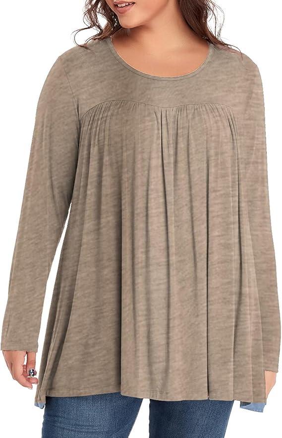 Women's Plus Size Tunic Top Long Sleeve Pleated Swing Shirt for Leggings Casual Fall Blouse, Size 3XL