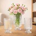 WRINGKIT Set of 3 Embossed Glass Vase, 7'' Clear Vases for Flowers Centerpieces, Wide Mouth Pedestal Vase with Big Base, Cylinder Candle Holder Glass Bouquet Vases for Table, Wedding Home Decor