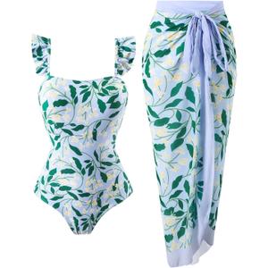 Womens One Piece Swimsuit with Cover Up Sarong Wrap Floral Bathing Suits 1 Piece Swim Suit with Beach Cover Up Set, X-Large