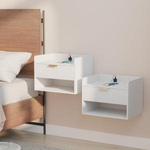 Arbuxzuy Floating Nightstand Set of 2 with Charging Station, Modern Wall Mounted Bedside Table with Drawer & Open Shelf, Minimalist Wooden Night Stand for Bedroom (White), 2pcs