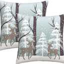 Sweetshow Winter Wildlife Deer Pillow Covers 16x16 Inch Christmas Landscape Deers Snow Tree Ivory Gold Throw Pillows Set of 2 Soft Cotton Pillow Case for Home Sofa Bedroom Livingroom Decor