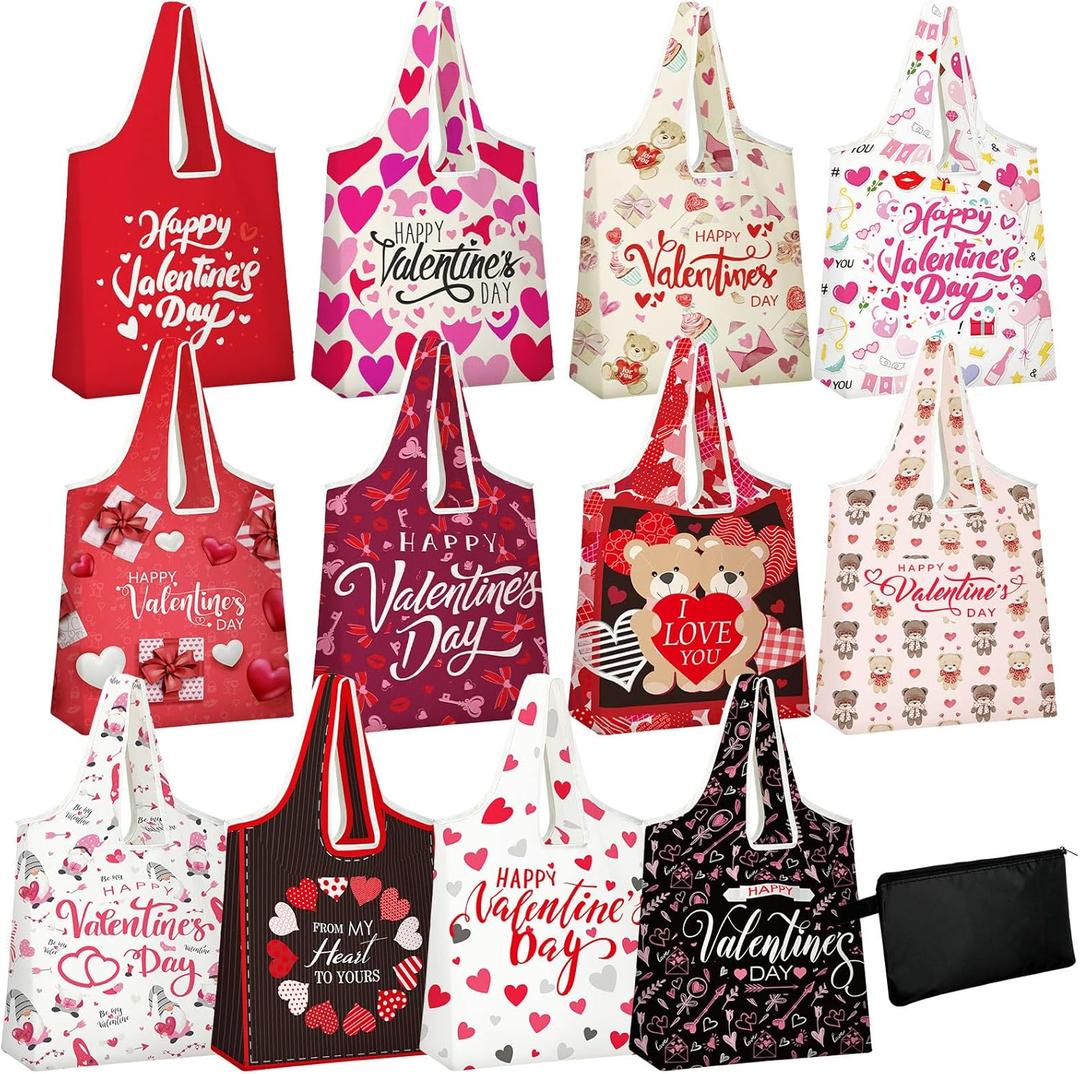 12 Pcs Valentine's Day Reusable Grocery Bags Bulk Happy Valentine's Day Storage Pouch Shopping Bags Heart Printed Foldable Machine Washable Tote Zipper Pouch for Gift Wrapping Storage