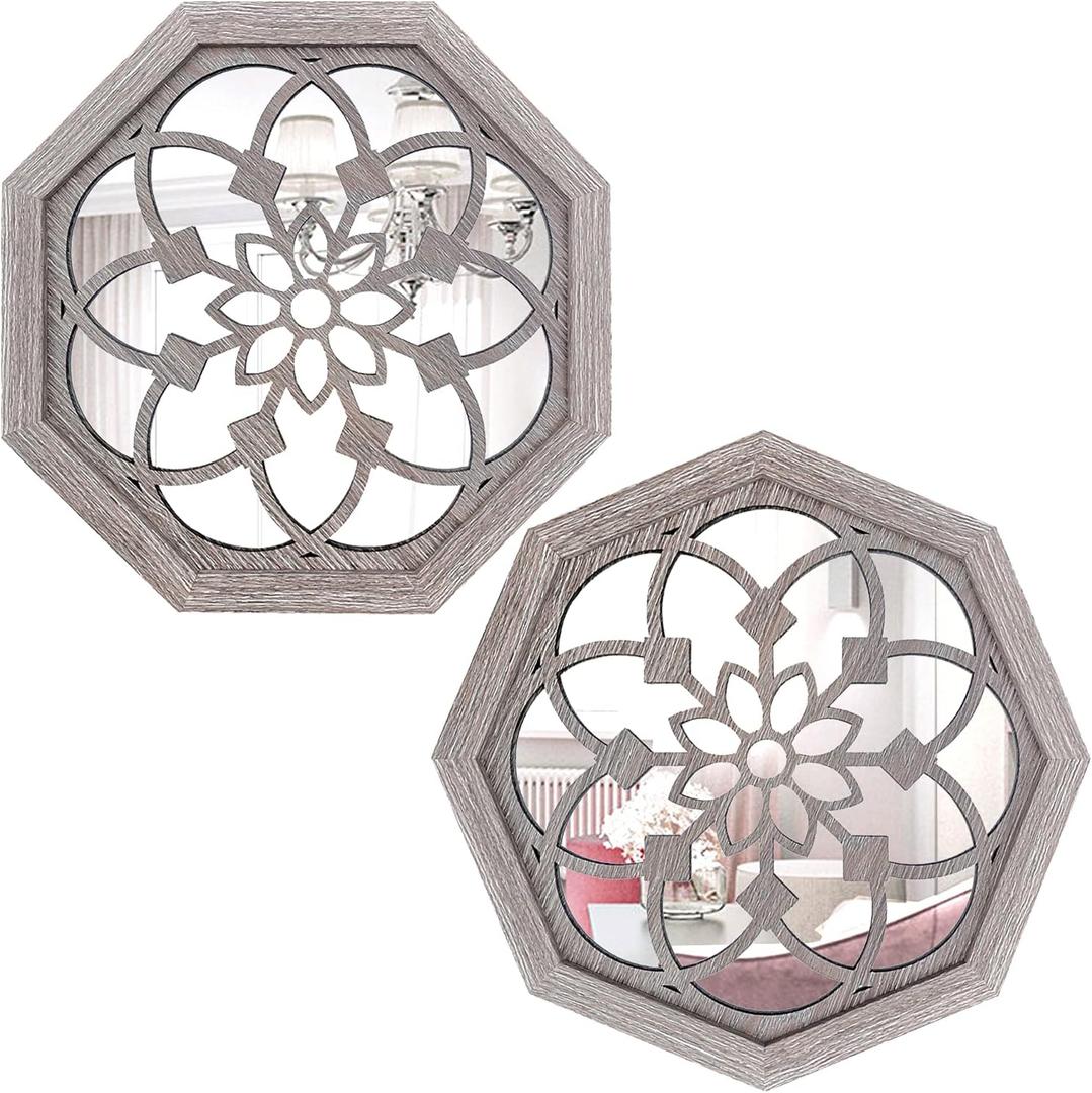 2 PCS Octagon Wall-Mounted Mirrors,Vintage Farmhouse Mirror for Wall Decor,Barn Wood Color Decorative Accent Mirror for Foyer, Bathroom, Bedroom. (12x12)