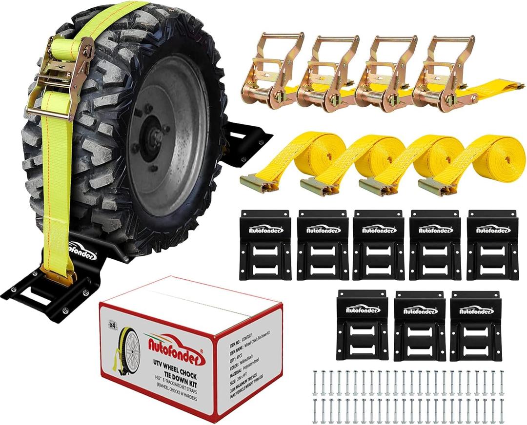 Wheel Chock Tie Down Kit (4,500lb Break Strength) Heavy Duty Trailer Tire Straps System for ATV, UTV, Lawn Mower & More - Ratchet Tie Downs Accessories with E Track for Four Wheeler