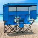 Double Beach Chair with Canopy Shade Heavy Duty Camping Chairs with Cup Holder Folding Loveseat for Outside Lawn (Blue)