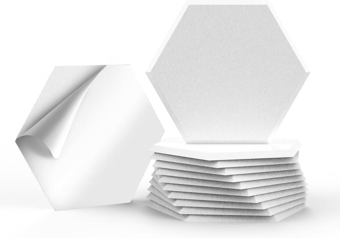 JISUO 12 Pack Self-Adhesive Acoustic Wall Panels, 12" x 10.4" x 0.4" High-Density Sound Proof Foam Panels for Walls, Hexagon Acoustic Tiles for Home Office Recording Studio Gaming Room, White