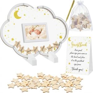 Kosiz Baby Shower Guest Book Alternatives Baby Shower Decorations with Wooden Chips for 60 Guests Sign Picture Frame Pregnancy Keepsake for Soon to Be Moms(Cloud) (White)