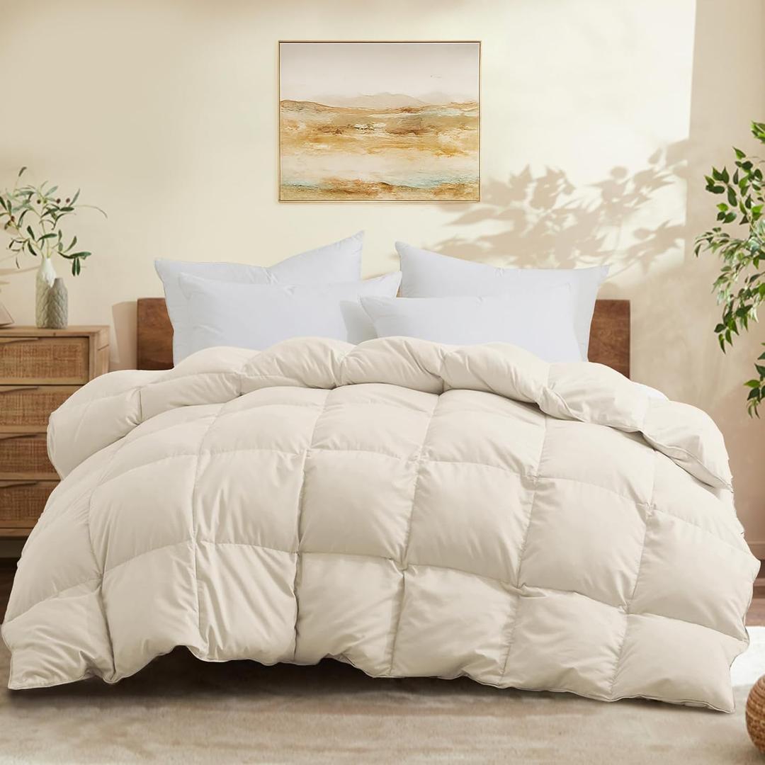 Joysoul Queen Size Down Comforter - All Season Ultra Soft Goose Down & Feather Fiber Fill, Luxury Hotel Cream Duvet Insert with Corner Tabs (88" X 88") (Light Khaki)