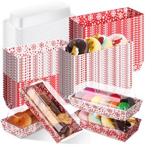 Bokon 50 Pack Christmas Charcuterie Boxes with Clear Lids, Red and White Snowflake Cookie Boxes with Window, Disposable Food Containers Candy Treat Gift Tins for Sandwich, Cookie, Sushi, Cake Slice