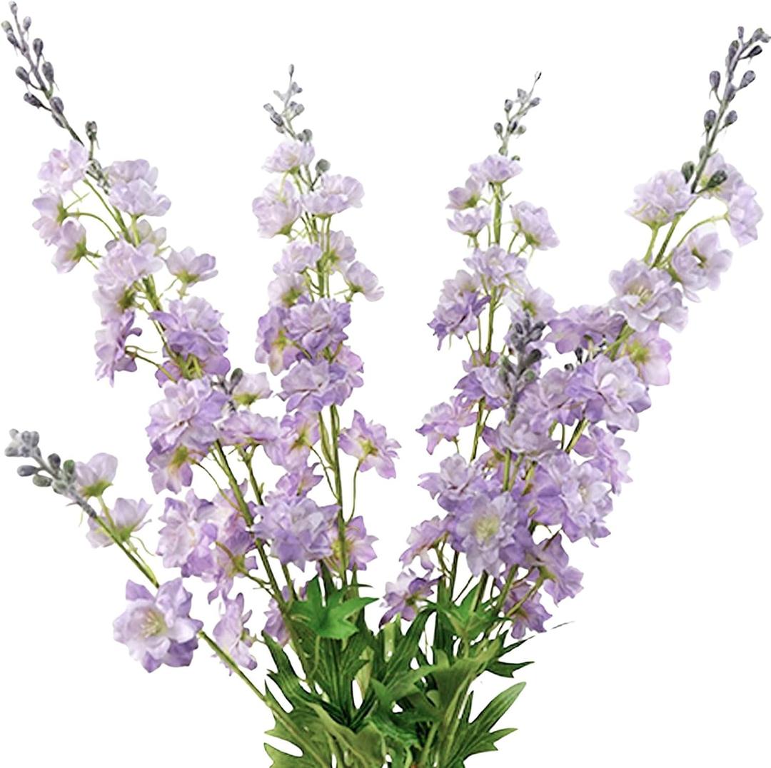 Purple Delphinium Artificial Flower Long Stem 4pcs 33.5in Fake Larkspur Faux Look Real Silk Plant Bulk Bouquet for Outdoor Tall Vase Home Garden Wedding Arrangement Decoration