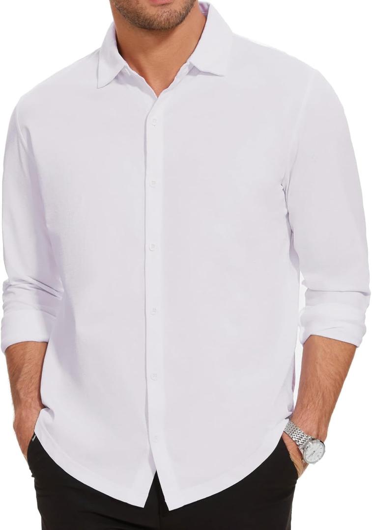 Men's Long Sleeve Casual Button Down Shirts Untucked Shirts for Men Business Stretch Wrinkle Free Dress Shirt (White, XXL)