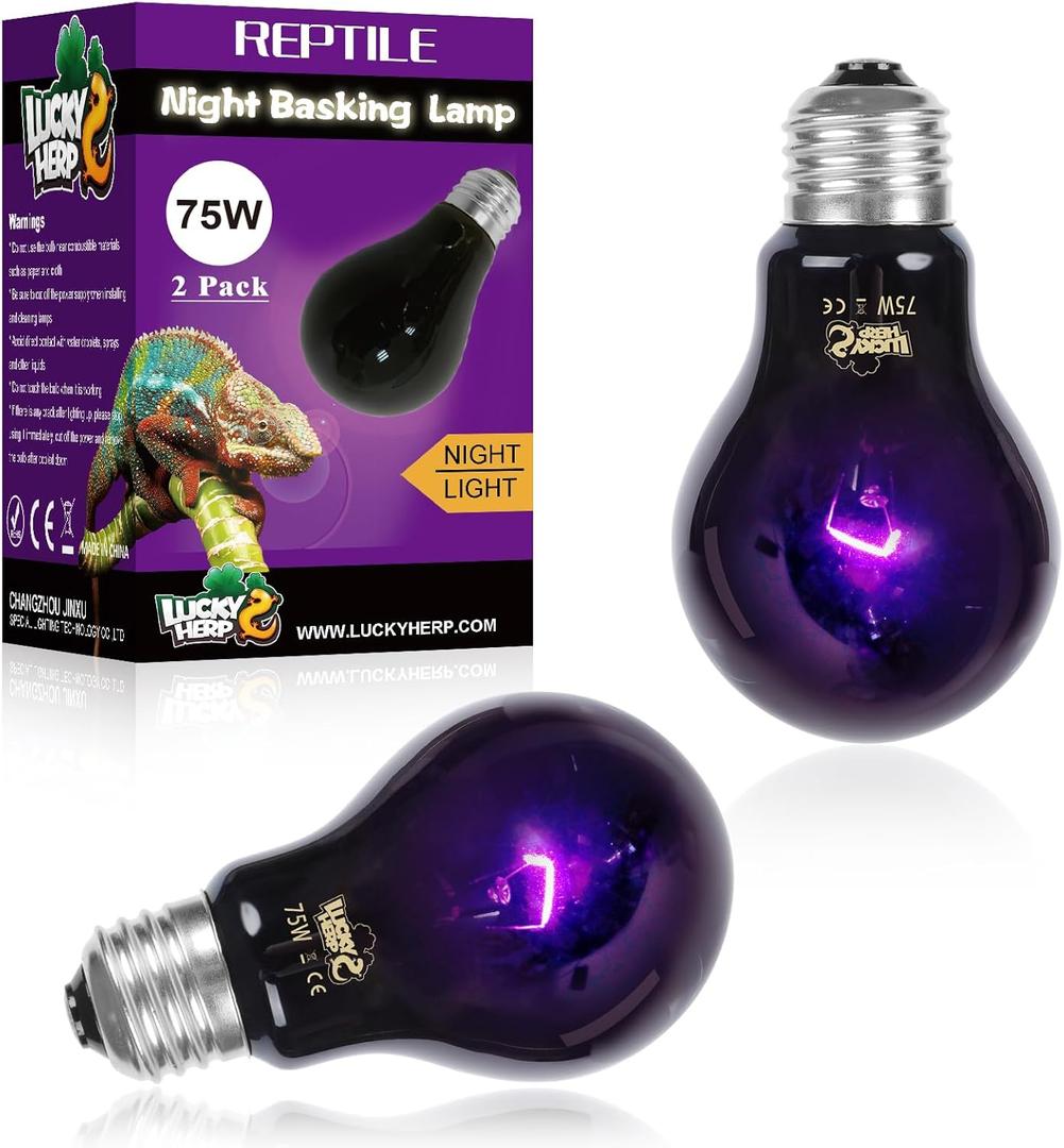LUCKY HERP Reptile Heat Lamp 75W 2 Pack, Reptile Night Heat Bulb, Reptiles & Amphibians Basking Spot Light Bulb for Bearded Dragon, Lizard, Snake, Turtle, Chameleon