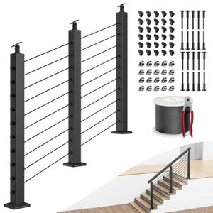 BLIKA Complete Set 36" Stair Railing Post Kit(Post 35"x2"x2"), Black 25-35 Angle Drilled Line Post, Invisible Cable Railing System Kit Include 3Pack Stair Posts, 1/8" Stainless Cable(No Handrail)