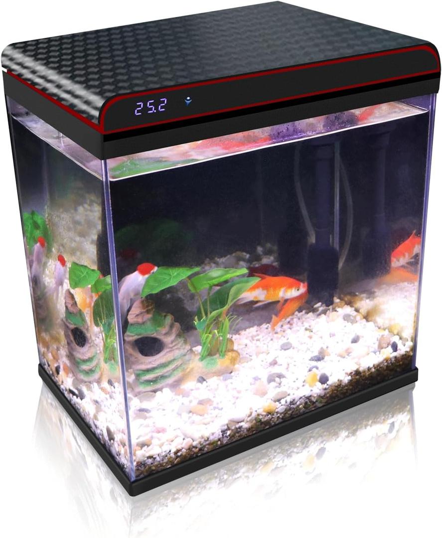 5 Gallon Glass Fish Tank Aquarium Starter Kit - Self-Cleaning, Ultra-Quiet Filter Pump, 3-Color LED Lights, Smart Temp Monitoring for Betta Fish, Shrimp, Kids Gift (Black)