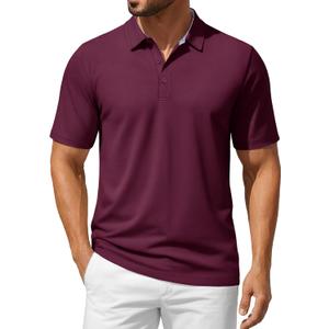 TACVASEN Men's Polo Shirts Short Sleeve Cotton Pique Classic Casual Shirts Moisture Wicking Golf Shirt with 3 Buttons (Wine) L