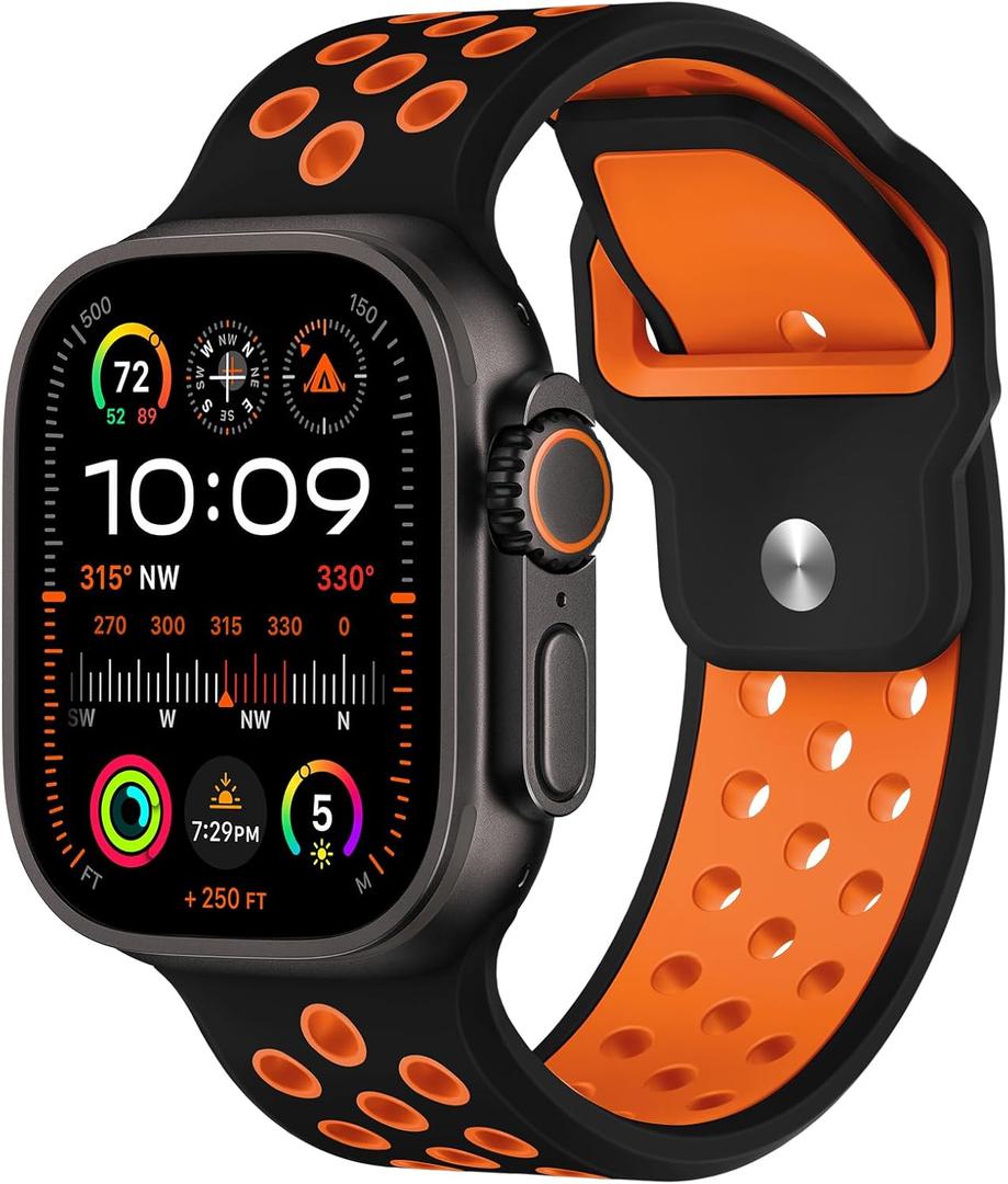 Sport Bands Compatible with Apple Watch Ultra 2 Bands for Men, Soft Silicone Strap for Series 10/9/8/7/6/5/4/3/SE 49mm 45mm 46mm 44mm 42mm -Comfortable Breathable iWatch Wristbands (Black Orange)