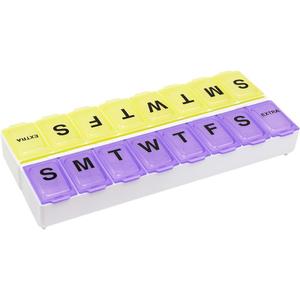 EZY DOSE Weekly (14-Day) Pill Organizer, Vitamin and Medicine Box, Large Snap Compartments, Easy-To-Open, BPA Free, Purple and Yellow
