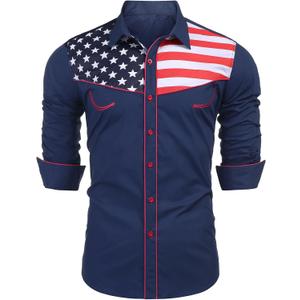 COOFANDY Men's American Flag Button Down Shirts Western Cowboy Shirt Slim Fit Patriotic Long Sleeve Shirt (Blue, XL)
