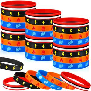 48 Pcs Cartoon Animation Party Favors Cartoon Animation Rubber Bracelet in 4 Styles Red Black Lightning Water Drip Flame Bolt Pattern Bracelet Silicone Wristband for Birthday Party Supplies
