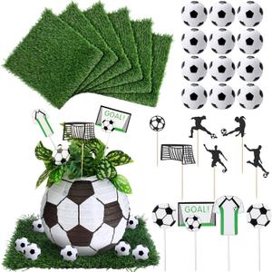 MiniInflat 34 Pcs Soccer Party Decor Table Centerpieces Decorations Kit Includes 6 Artificial Grass Mats 12 Mini 6 Balls Honeycomb Balls 10 Decorations for DIY Sport Favor
