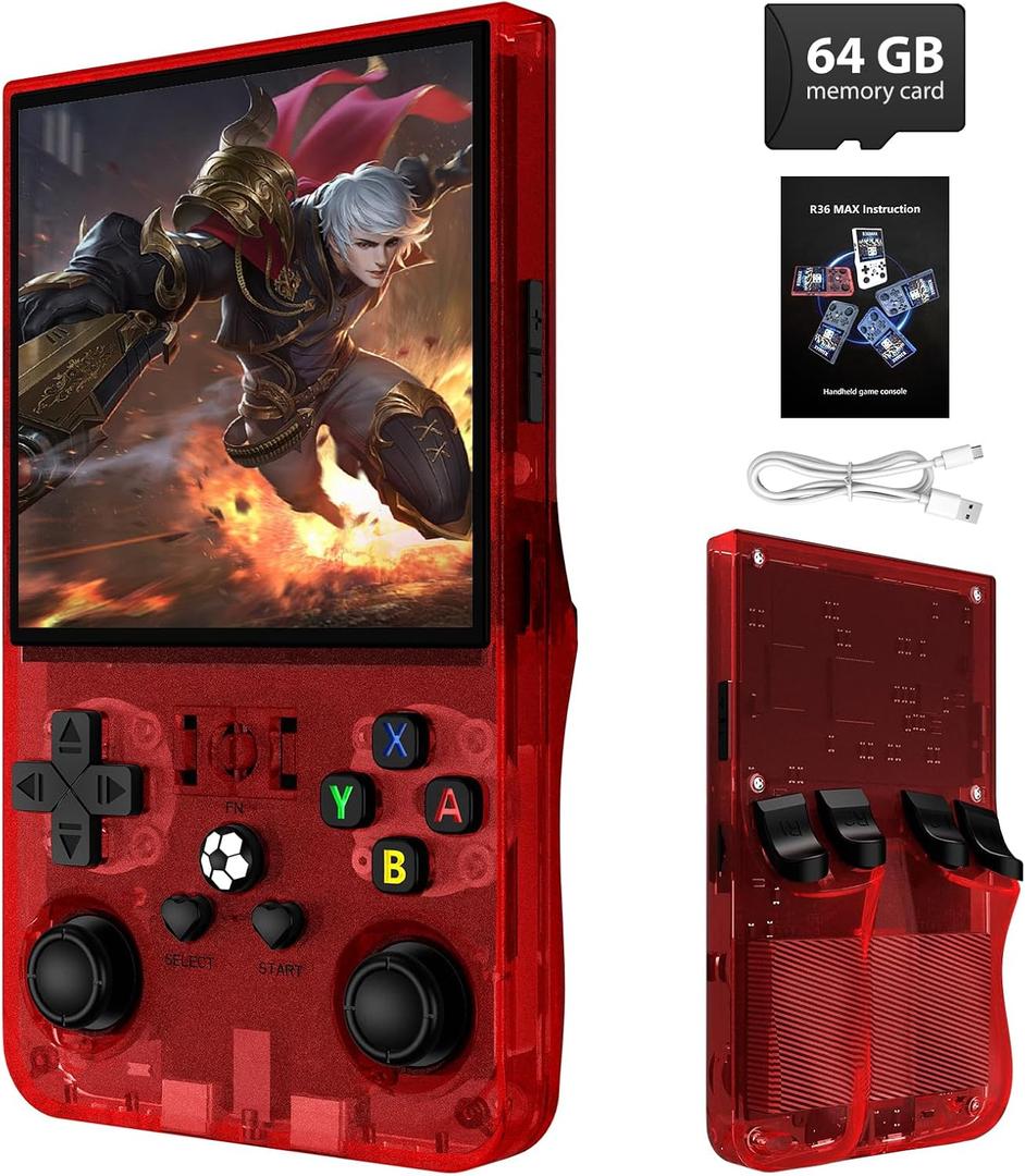 R36MAX Retro Handheld Game Console, 4.0 Inch IPS Screen, 64GB Memory, Portable Arcade Video Gaming Console Gift for Adults, Maple Leaf red