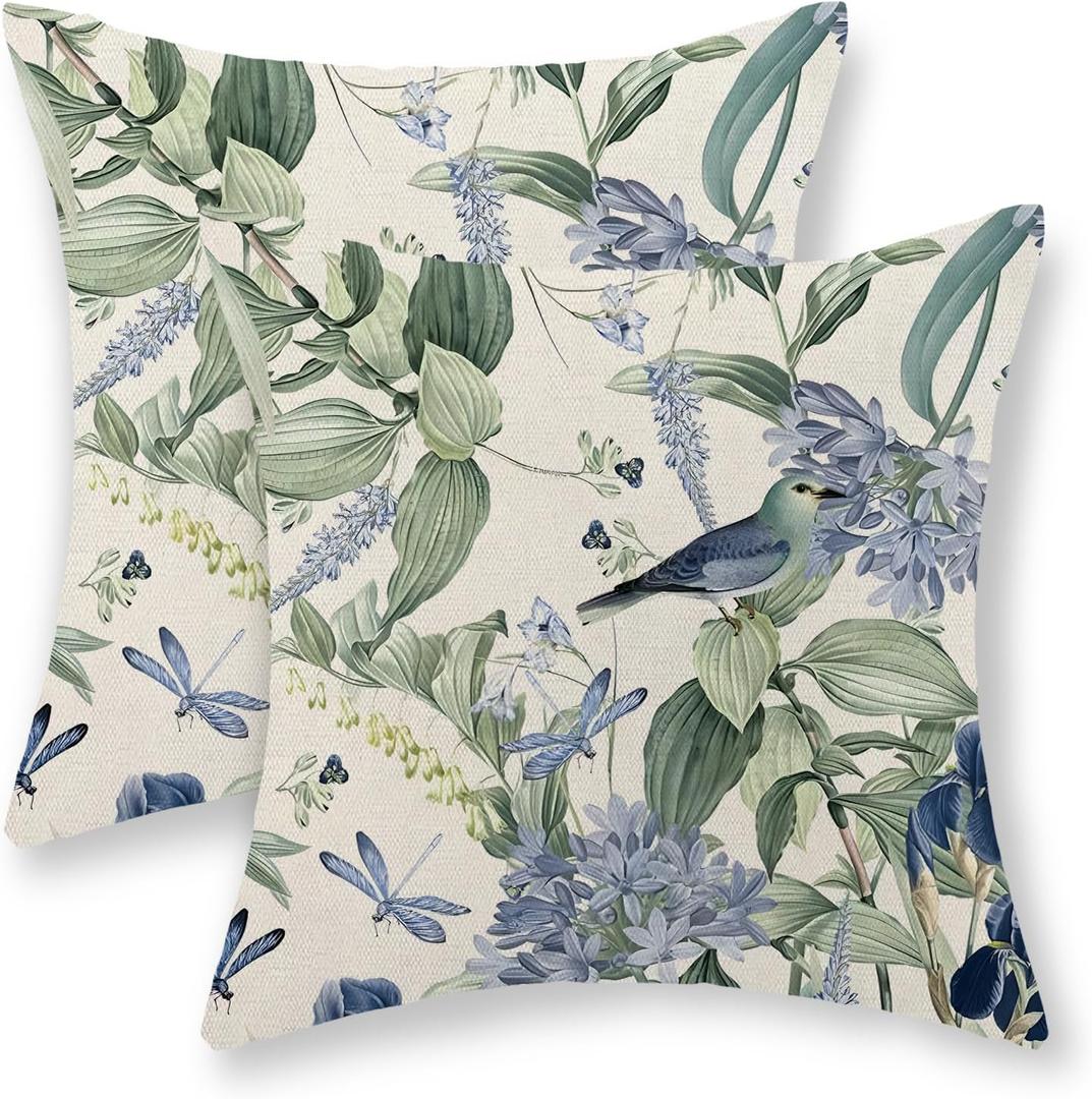 Chinoiserie Pillow Covers 18x18 Set of 2 Blue Green Floral Bird Pillow Cases Vintage Flower Seasonal Outdoor Throw Pillows Linen Farmhouse Chinoiserie Decorative Cushion Case for Couch Sofa