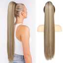 Flufymooz ponytail extension, 30 Inch Long Straight Drawstring Ponytail Synthetic Hairpieces Fake Pony Tails Natural Soft Clip in Hair Extension Pony Tail for Women (Ash Brown with Blonde Highlights)