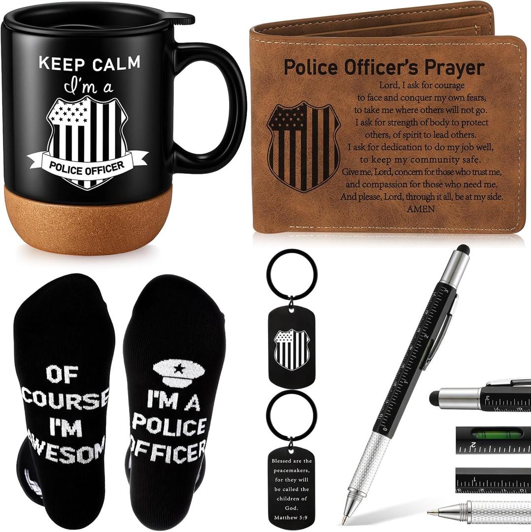 5 Pcs Police Gifts for Men Police Academy Graduation Gifts Set Include Sock and Ceramic Mug Leather Wallet 6 in 1 Multi Tool Pen Keychain Dad Present from Son Daughter Husband Present