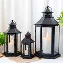 TRIROCKS Set of 3 Decorative Candle Lanterns18''&13"&10" H Hexagonal Candle Holder Vintage Metal Hanging Lantern with Tempered Glass for Garden Patio Wedding Event Indoors Outdoors(Black)