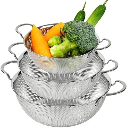 COMPORT K Premium 18/8 304 Stainless Steel Strainer Set of 3 with Handles, Micro-Perforated Colanders, 4-6-8 Quart Set, Self-Draining Solid Base for Pasta, Fruits, Vegetables, Made in Korea