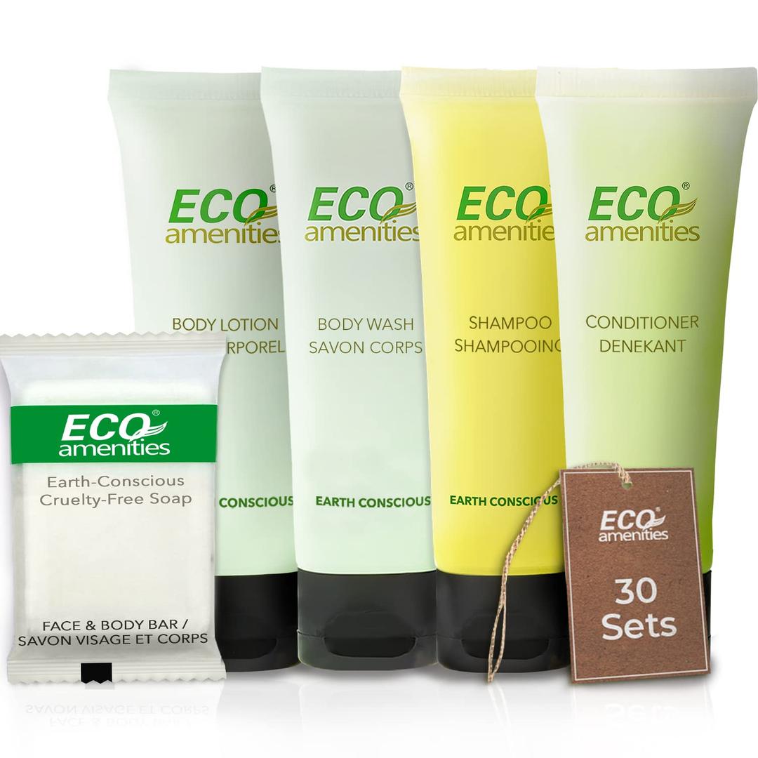 ECO Amenities 150pc Hotel Toiletries Bulk Set - 5-in-1 Travel Toiletries include 30ml Shampoo, Conditioner, Body Lotion, Body Wash, and 28g Soap (30 each) - Perfect for Hotels, AirBnB, and Hospitality (5 Piece Kit (150 Pack))