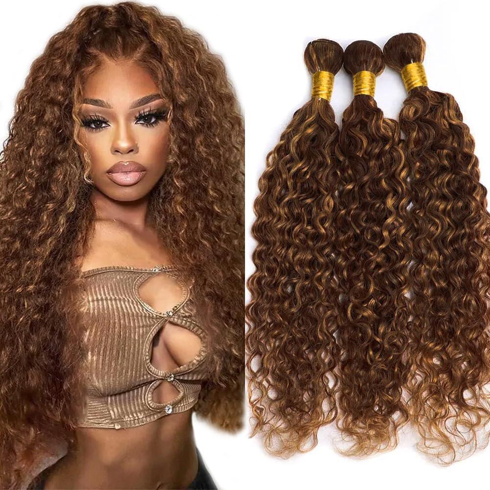 Brown Curly Bundles 30 32 34 Inch P4/30 Highlight Bundles Human Hair Unprocessed Brazilian Remy Hair Extensions Double Weft Ombre Dark Brown Bundle 3Pcs/Set