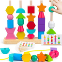 Montessori Wooden Beads Sequencing Toy Set, Stacking Blocks & Lacing Beads & Matching Shape Stacker for 2 3 4 5 Year Old STEM Preschool Learning Montessori Toys Gifts for Kids Boy Girl Toddler (Set Of 2)
